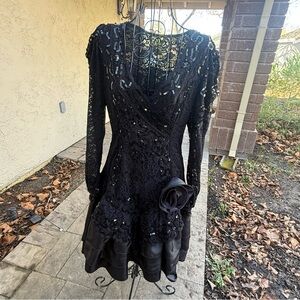 Large JANINE Used Vintage 1980s Dress Black Sequin Lace Taffeta